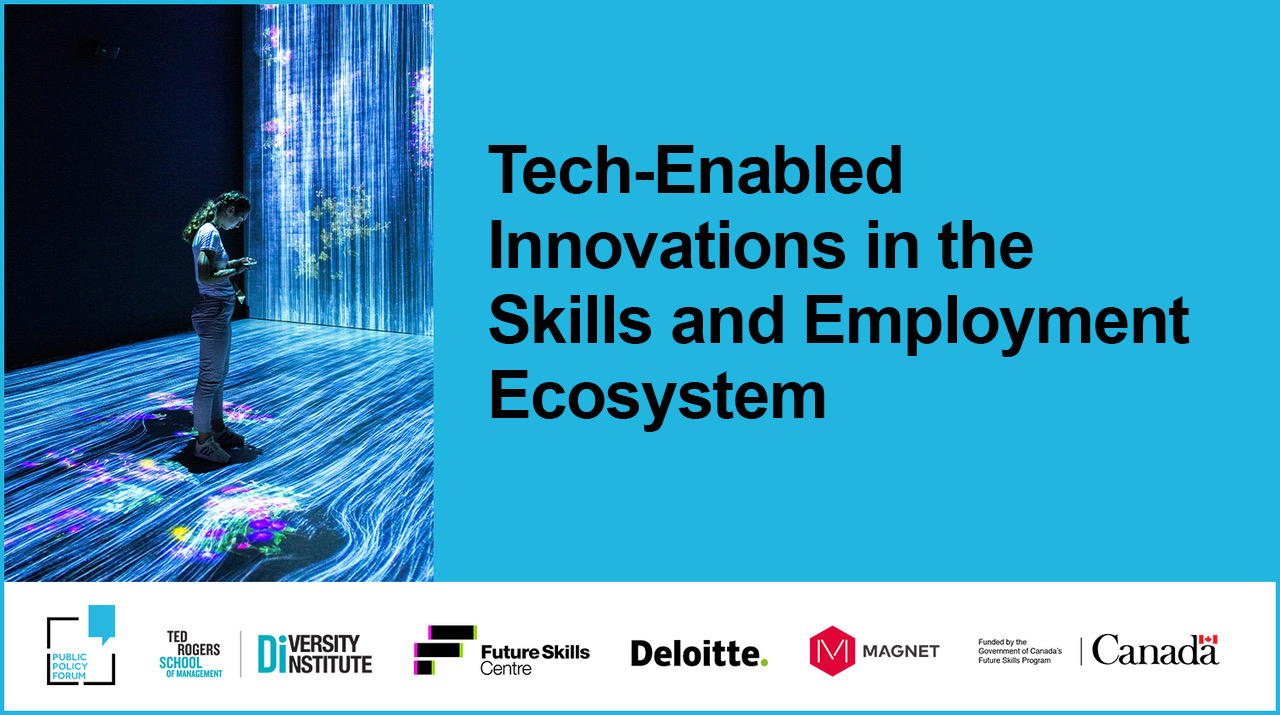 A graphic featuring a woman standing on a projected art installation with text reading, "Tech-Enabled Innovations in the Skills and Employment Ecosystem"